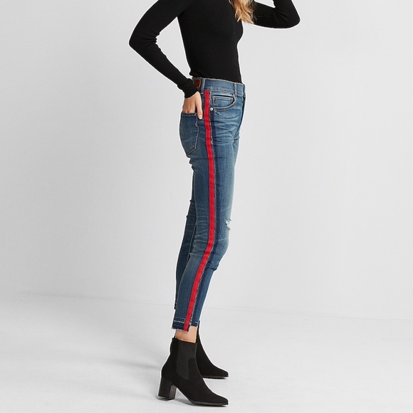 High Waisted Stripe Ankle Skinny Jeans 